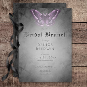 Gothic Black Watercolor Purple Moth Bridal Brunch Invitation