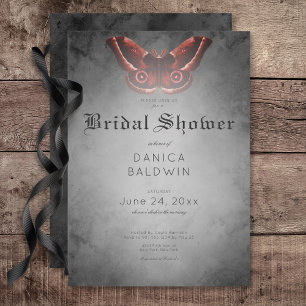 Gothic Black Watercolor Red Moth Bridal Shower Invitation