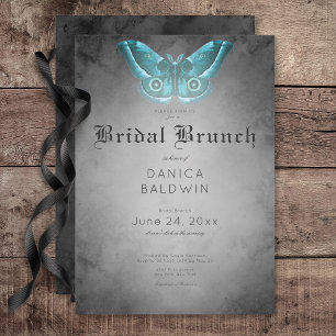 Gothic Black Watercolor Teal Moth Bridal Brunch Invitation