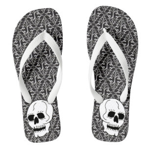Gothic Black White Damask Pattern White Skull Jandals
