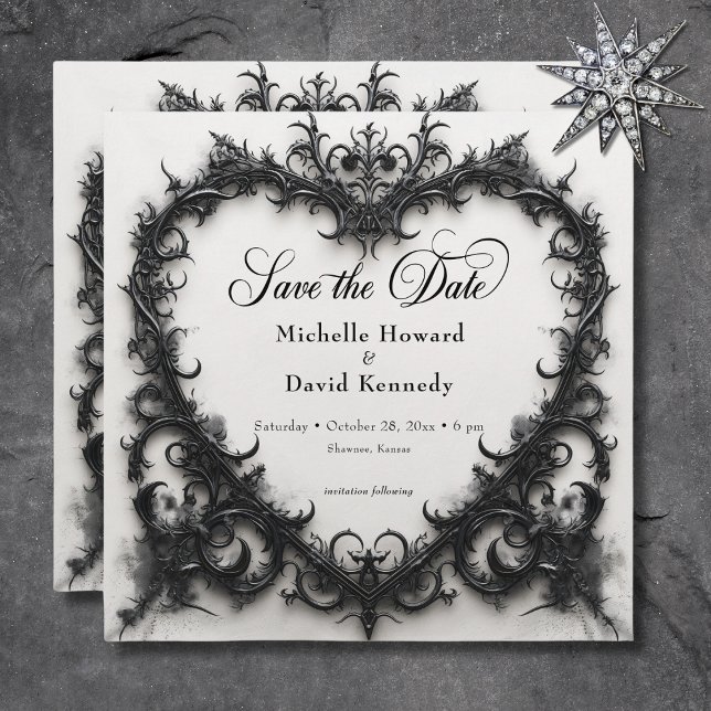 Gothic Black & White Filigree Heart Wedding Save The Date (Gothic Black & White Filigree Heart Wedding Save The Date)