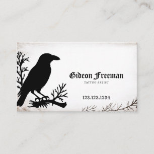 Gothic Black & White Gritty Texture Crow Tattoo Business Card