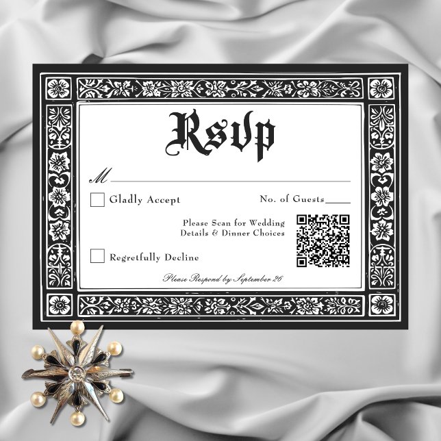 Gothic Black White Mediaeval Until Death Wedding RSVP Card (Gothic Black White Medieval Until Death Wedding RSVP Card with QR Code)