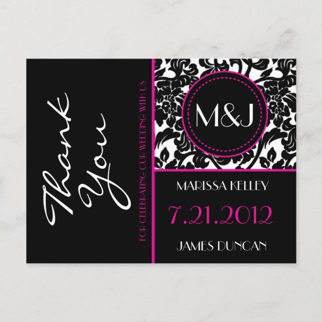 Gothic Black & White/Pink Flourish Thank You Postcard (Front)