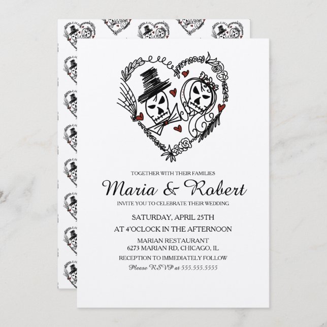 Gothic Black White Skeleton Doodle Wedding  Invitation (Front/Back)