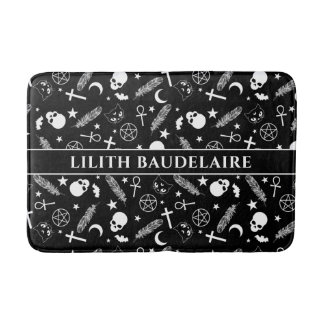 Gothic Black White Skull Cross Pattern Monogram Bath Mat
