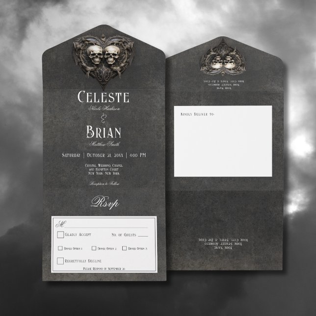 Gothic Black & White Skulls & Heart Dinner All In One Invitation (Gothic Black & White Skulls & Heart All In One Wedding Invitation with Dinner Options)