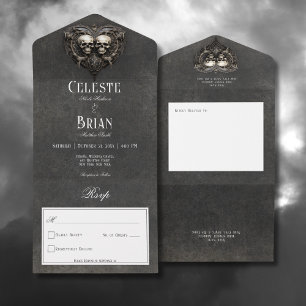 Gothic Black & White Skulls & Heart No Dinner All In One Invitation