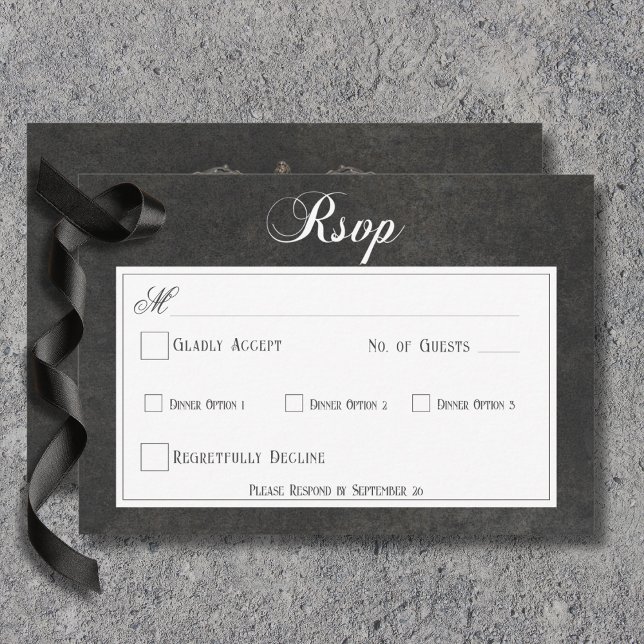Gothic Black & White Skulls & Heart Wedding Dinner RSVP Card (Gothic Black & White Skulls & Heart Wedding Response Card with Dinner Options)