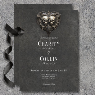 Gothic Black & White Skulls & Heart Wedding Invitation