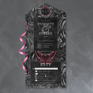 Gothic Black Wine Filigree Moth Dinner Wedding All In One Invitation