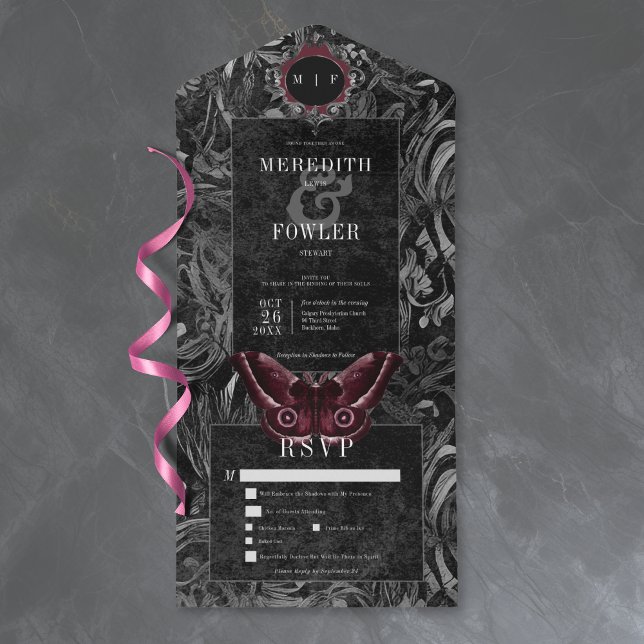 Gothic Black Wine Filigree Moth Dinner Wedding All In One Invitation (Creator Uploaded)