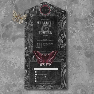 Gothic Black Wine Filigree Moth Dinner Wedding All In One Invitation