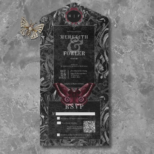 Gothic Black Wine Filigree Moth QR Code Wedding All In One Invitation