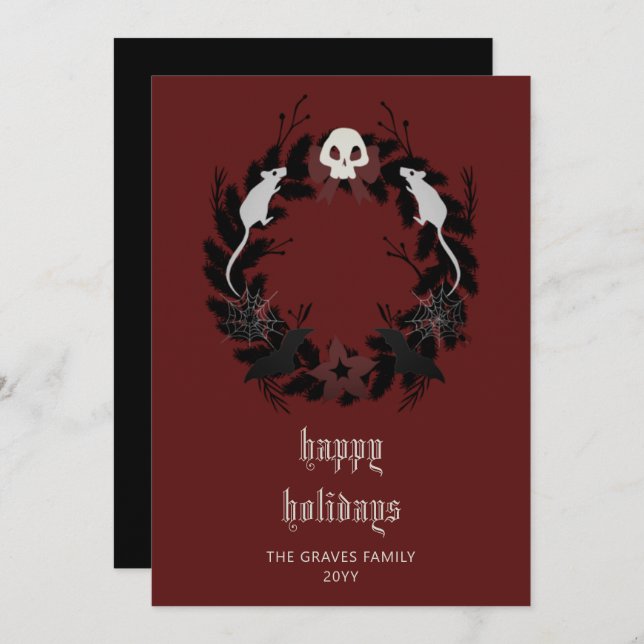 Gothic Black Wreath Happy Holidays Card (Front/Back)