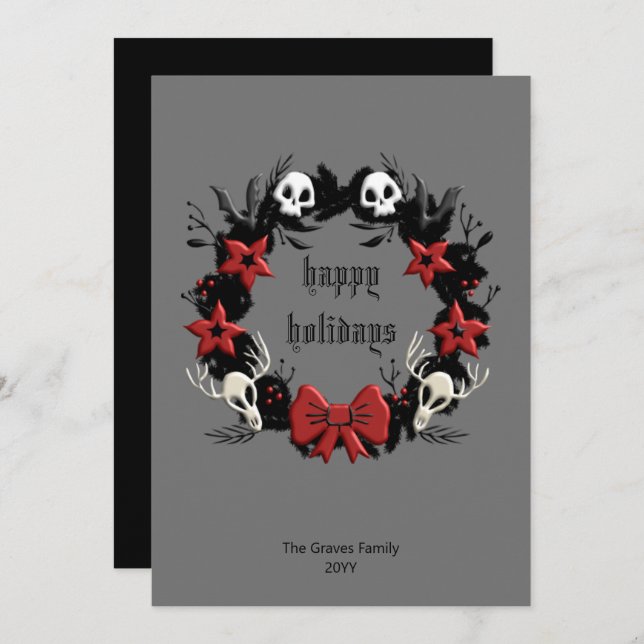 Gothic Black Wreath Happy Holidays Card (Front/Back)