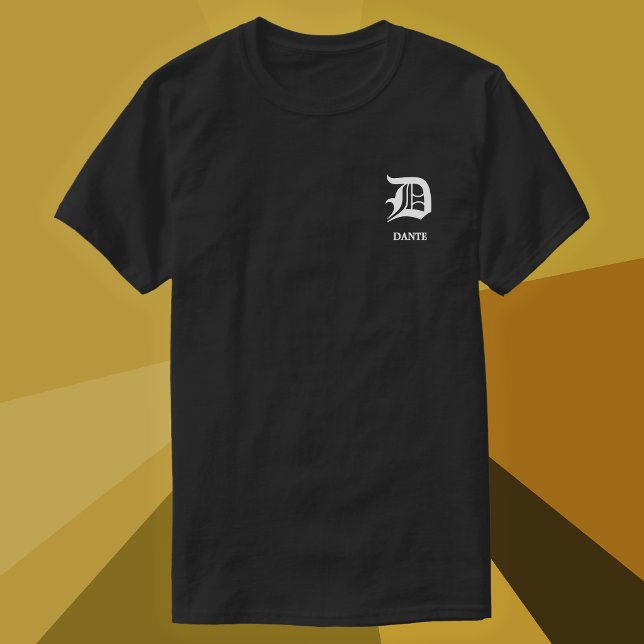Gothic Blackletter Monogram Personalised T-Shirt (Custom black T-Shirt with a monogram initial of a blackletter gothic font, and the name under it.)