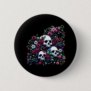 Gothic Bloom Floral Skulls in Elegant Pixel Art 6 Cm Round Badge