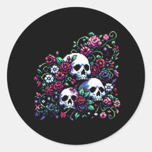 Gothic Bloom Floral Skulls in Elegant Pixel Art Classic Round Sticker