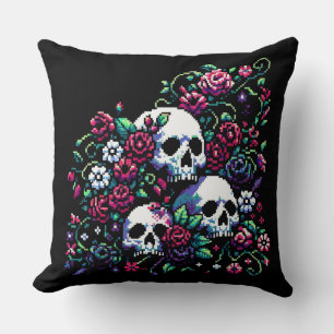 Gothic Bloom Floral Skulls in Elegant Pixel Art Cushion