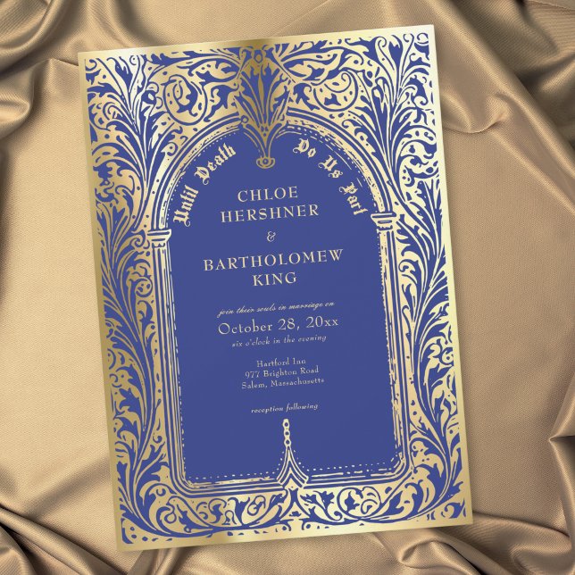 Gothic Blue Gold Mediaeval Until Death Wedding Invitation (Gothic Blue Gold Medieval Until Death Wedding Invitation)