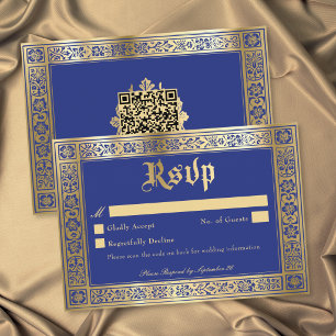 Gothic Blue Gold Mediaeval Until Death Wedding QR RSVP Card