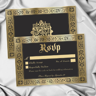 Gothic Blue Gold Mediaeval Until Death Wedding QR RSVP Card