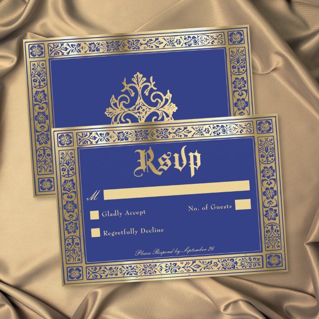 Gothic Blue Gold Mediaeval Until Death Wedding RSVP Card (Gothic Blue Gold Medieval Until Death Wedding RSVP Card)