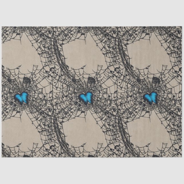 Gothic Blue Heart Butterfly in Spiderweb ephemera Tissue Paper (Front)