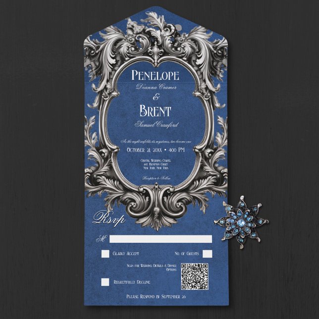 Gothic Blue Moody Victorian Frame QR Code All In One Invitation (Gothic Blue Moody Victorian Frame QR Code All In One Invitation)