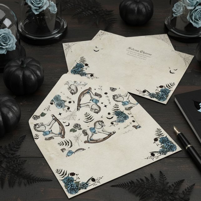 Gothic Blue Rocking Horse Baby Shower Invitation Envelope (Gothic Envelopes for Boy Baby Shower or Fall Party. Vintage Rocking Horse, Blue Roses, Bats, Web)