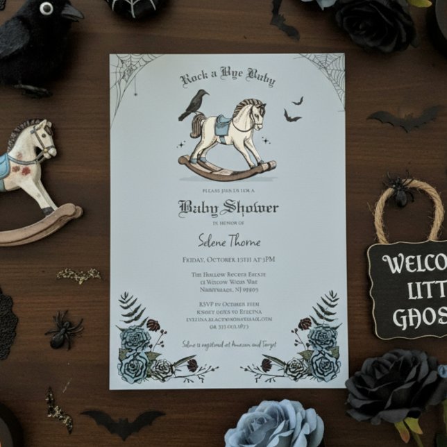 Gothic Blue Rocking Horse Rock a Bye Baby Shower Invitation (Cute Gothic Halloween Baby Shower Invitation. Rocking Horse & Roses Vintage Rock a Bye Baby Shower)