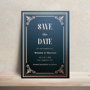 Gothic Blue & Rose Gold Save the Date