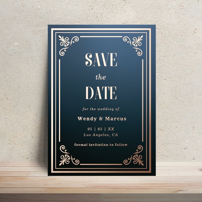 Gothic Blue & Rose Gold Save the Date (Creator Uploaded)