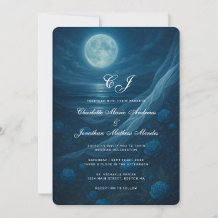 Gothic Blue Skeleton Couple Beach Moon Wedding Invitation