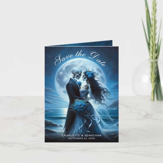 Gothic Blue Skeleton Couple Wedding Save the Date Announcement (Front)
