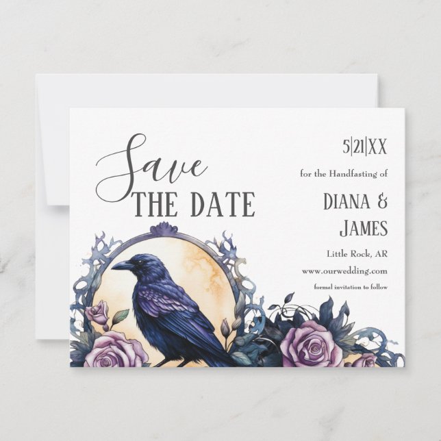 Gothic Boho Floral Raven & Rose Handfasting Save The Date (Front)