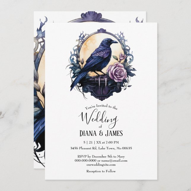 Gothic Boho Floral Raven & Rose  Wedding Invitation (Front/Back)