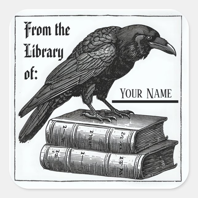 Gothic Bookplate with Raven Square Sticker (Front)