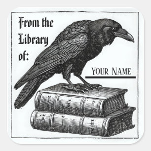 Gothic Bookplate with Raven Square Sticker
