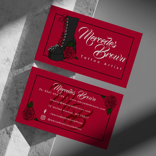 Gothic Boot Script Red Tattoo Artist Business Card (Gothic tattoo artist business card with illustration of a leather boot and rose)