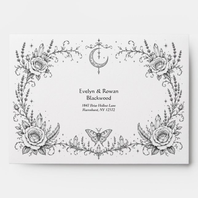 Gothic Botanical Black and White Addressed Wedding Envelope (Front)