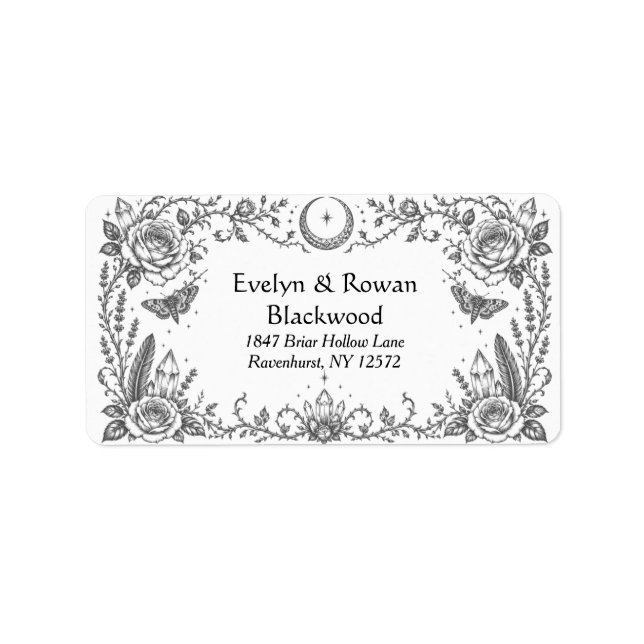Gothic Botanical Black and White Wedding Label (Front)