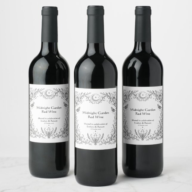 Gothic Botanical Black and White Wedding Wine Label (Bottles)