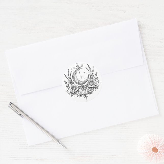 Gothic Botanical Moth Bouquet Wedding Classic Round Sticker (Envelope)