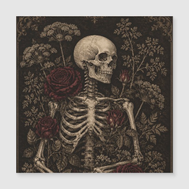 Gothic Botanical Skeleton Victorian Etching Burgun (Front)