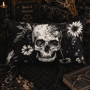 Gothic Botanical Skull Black & White Lumbar Cushion