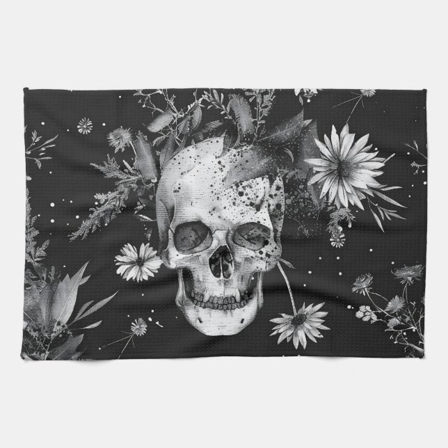 Gothic Botanical Skull & Wildflowers Tea Towel (Horizontal)
