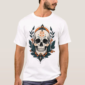 Gothic Botanical Skull with Dark Teal Leaves T-Shirt