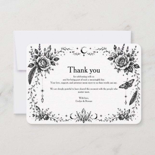 Gothic Botanical Thank You Card Black and White (Front)